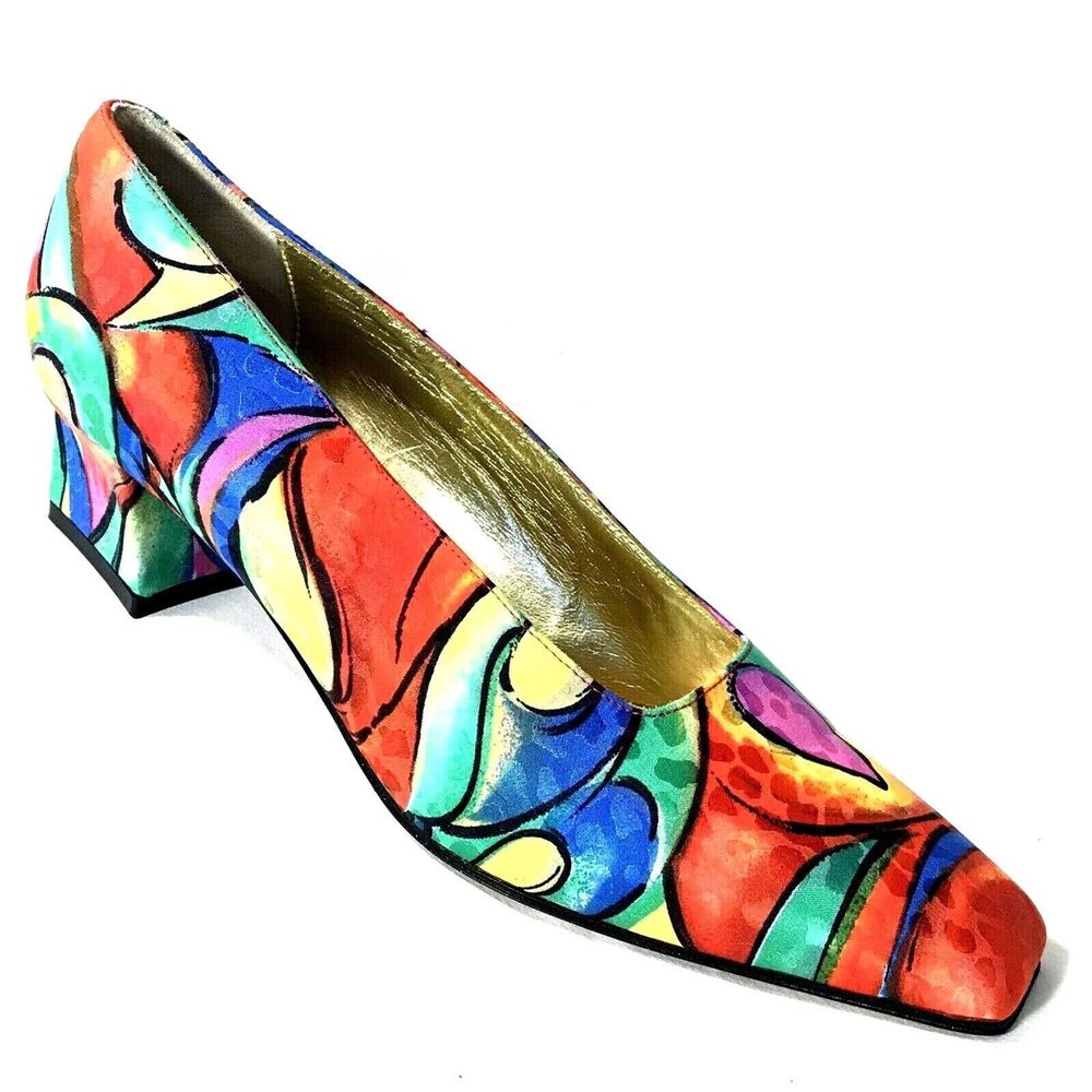 Paloma Silk Heels NEW Satin Silk Floral Art Square Toe 7.5 AA 34 Pumps Italy Vtg